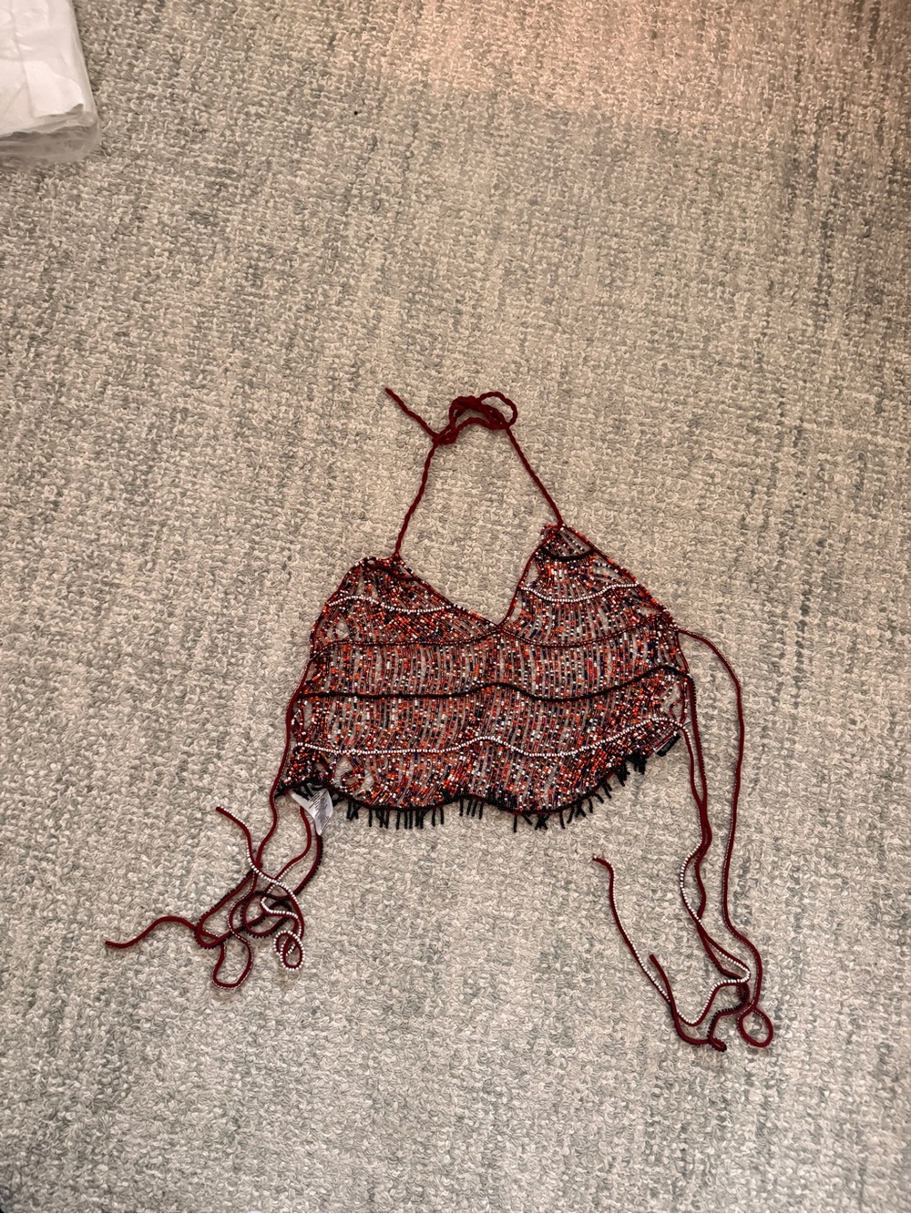 Maria Cher Hand-Beaded Red Halter Crop Top
